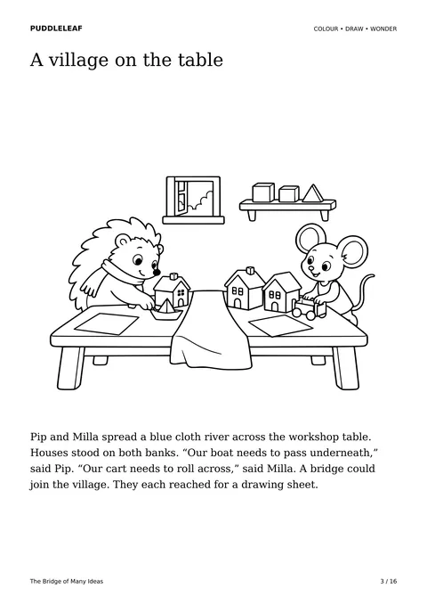A village on the table: story colouring page from The Bridge of Many Ideas