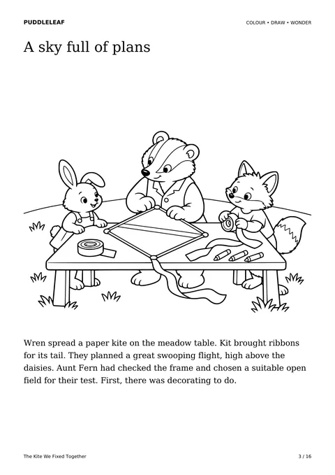 A sky full of plans: story colouring page from The Kite We Fixed Together
