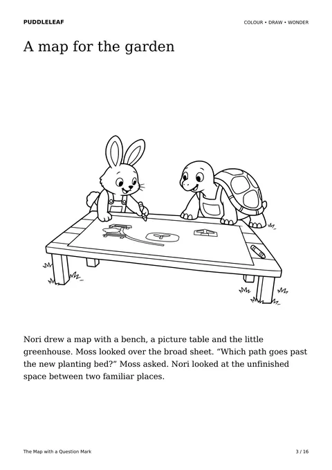 A map for the garden: story colouring page from The Map with a Question Mark