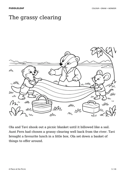 The grassy clearing: story colouring page from A Place at the Picnic