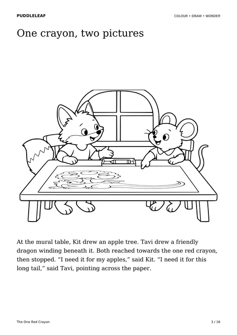 One crayon, two pictures: story colouring page from The One Red Crayon