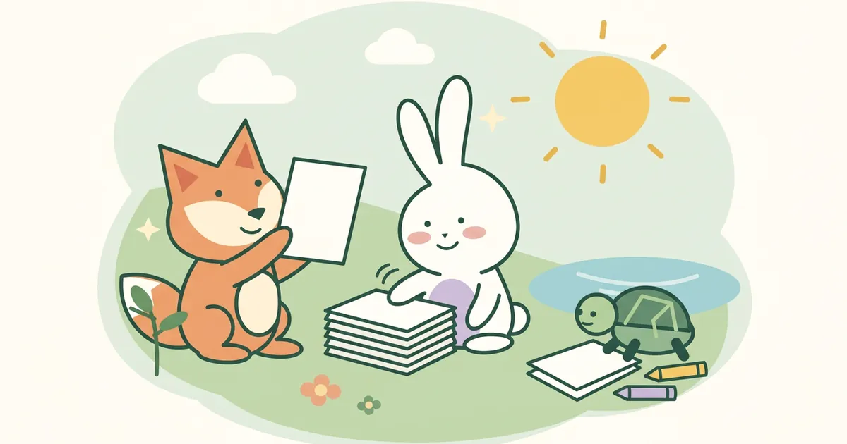 The fox holding a sheet of paper up to the light while the bunny pats a stack of thick card and the turtle sits by thin paper