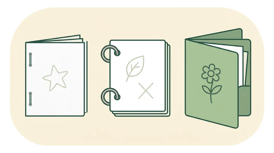Three ways to bind printed pages: a booklet stapled down the left edge, pages held by two binder rings, and a pocket folder