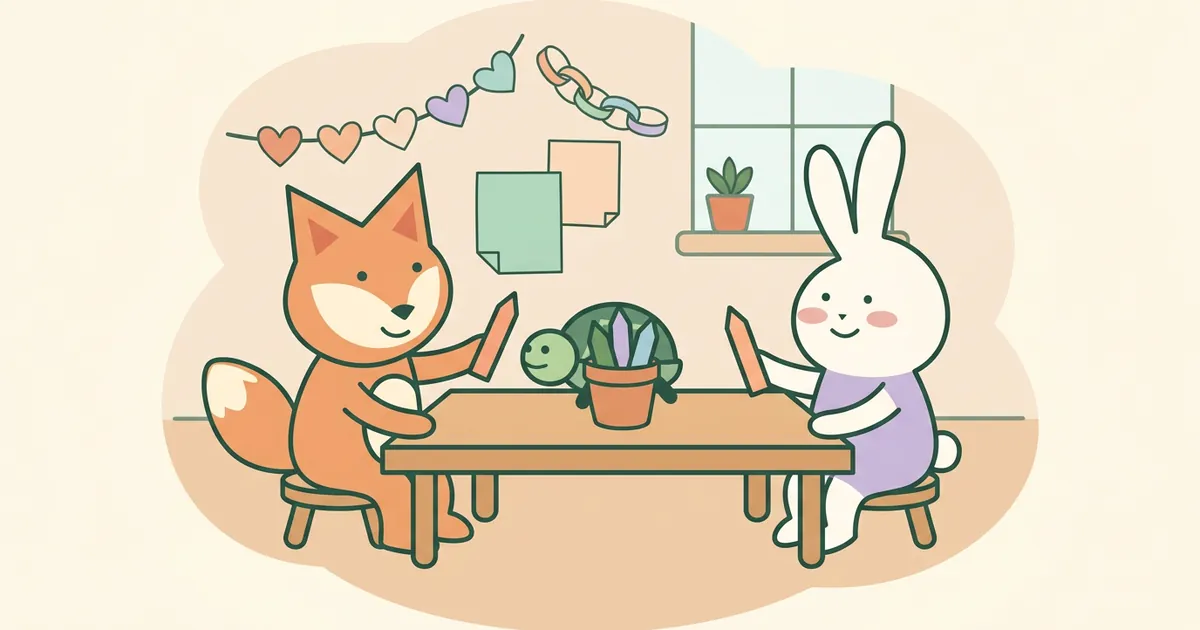 The fox, bunny and turtle sharing crayons at a classroom table under a wall of paper hearts