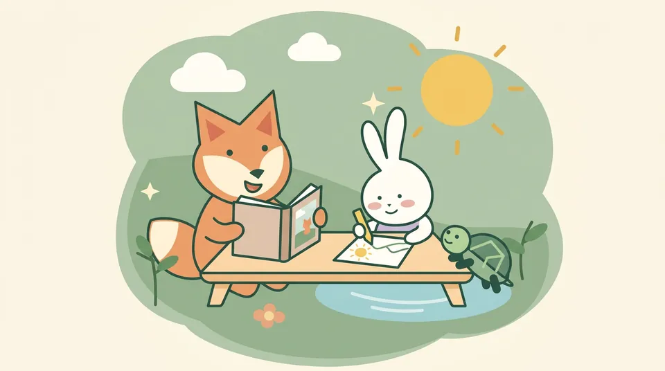 The fox reads a picture book aloud at a table while the bunny colours a sun-and-hill picture and the turtle listens