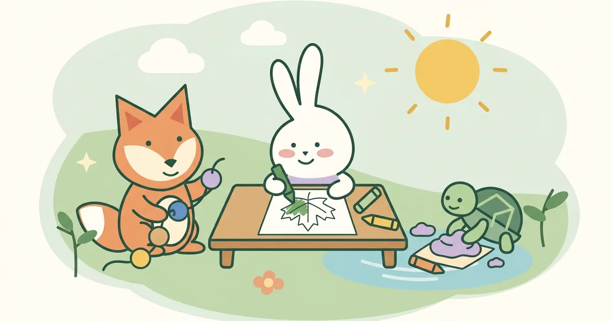 The bunny colouring a leaf outline while the fox threads wooden beads and the turtle squishes playdough