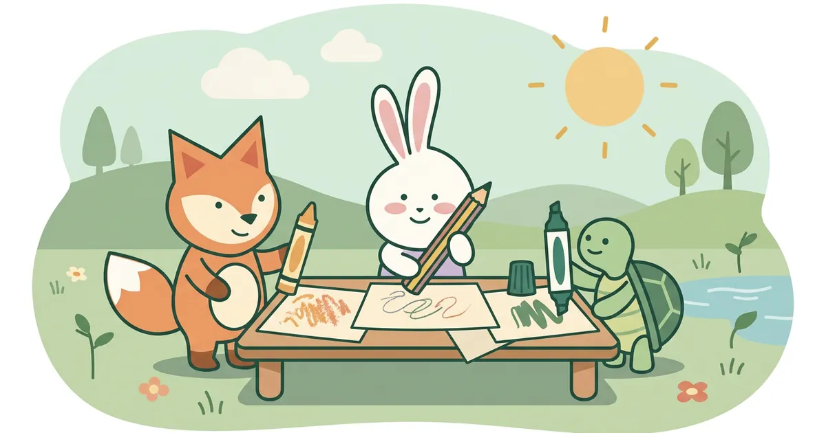 The Puddleleaf fox, bunny and turtle each holding up a different colouring tool: a chunky crayon, a coloured pencil and a felt-tip marker