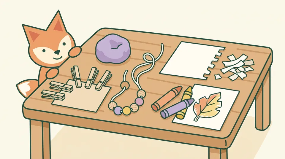 A table set with playdough, wooden pegs on a card, beads on a string, torn paper strips, crayons and a half-coloured leaf