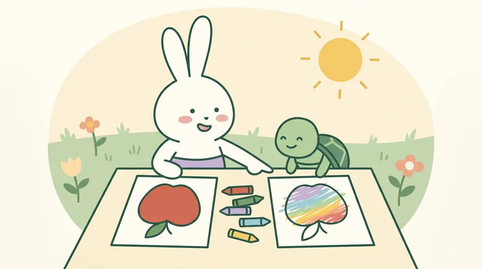 The bunny and turtle with two colourings of the same apple: one classic red, one in rainbow stripes