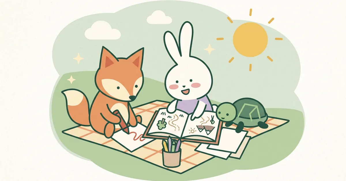 The Puddleleaf fox, bunny and turtle sharing a big open book and crayons on a picnic blanket in a meadow