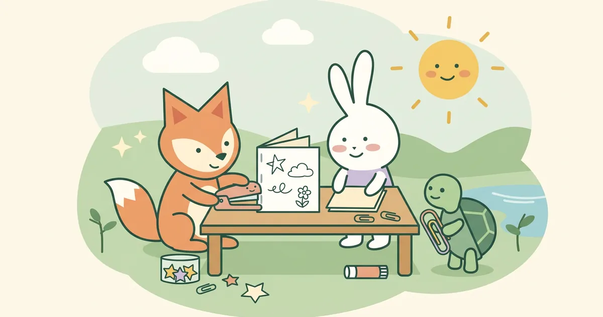 The fox stapling a small homemade booklet while the bunny squares up a stack of printed pages
