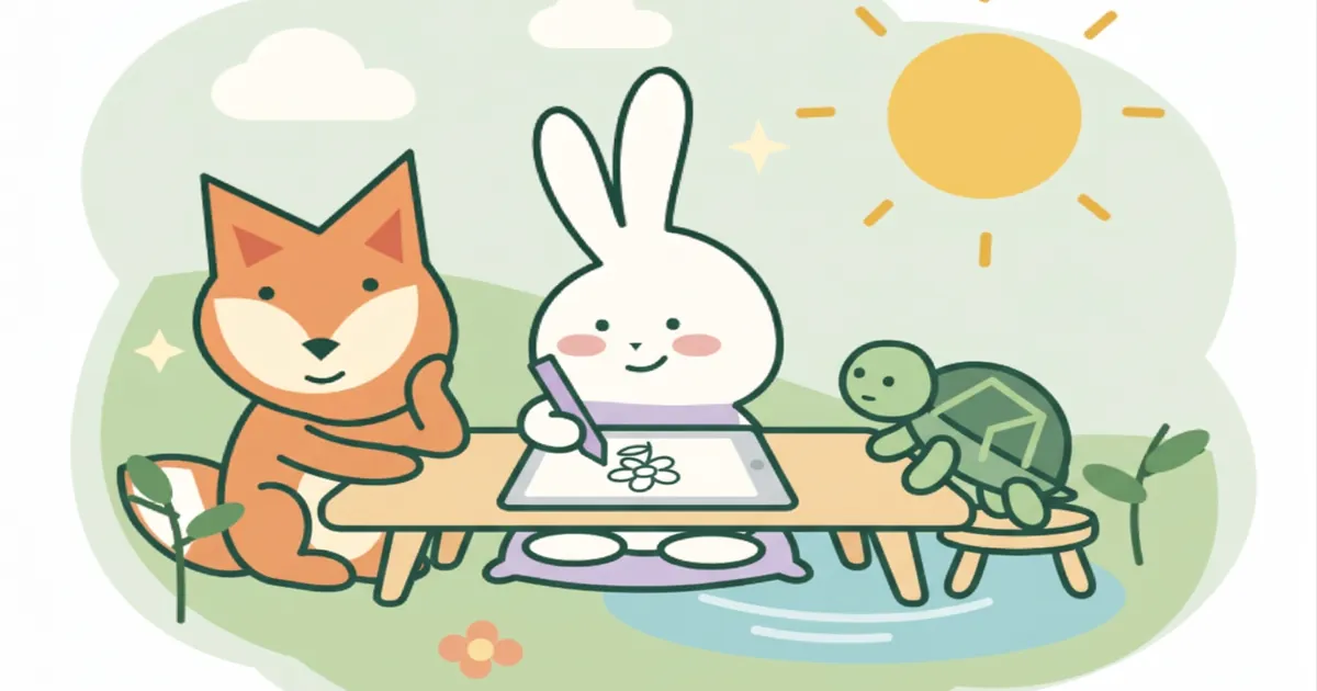 The bunny colouring a flower outline on a tablet with a stylus while the fox and turtle watch
