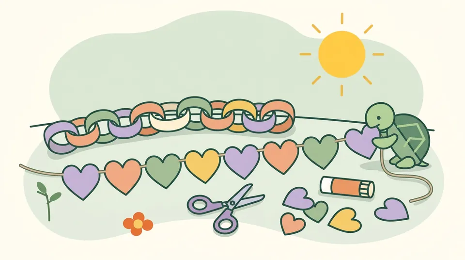 A pastel paper chain and a string of paper hearts with round-tipped scissors and a glue stick; the turtle adds one more heart