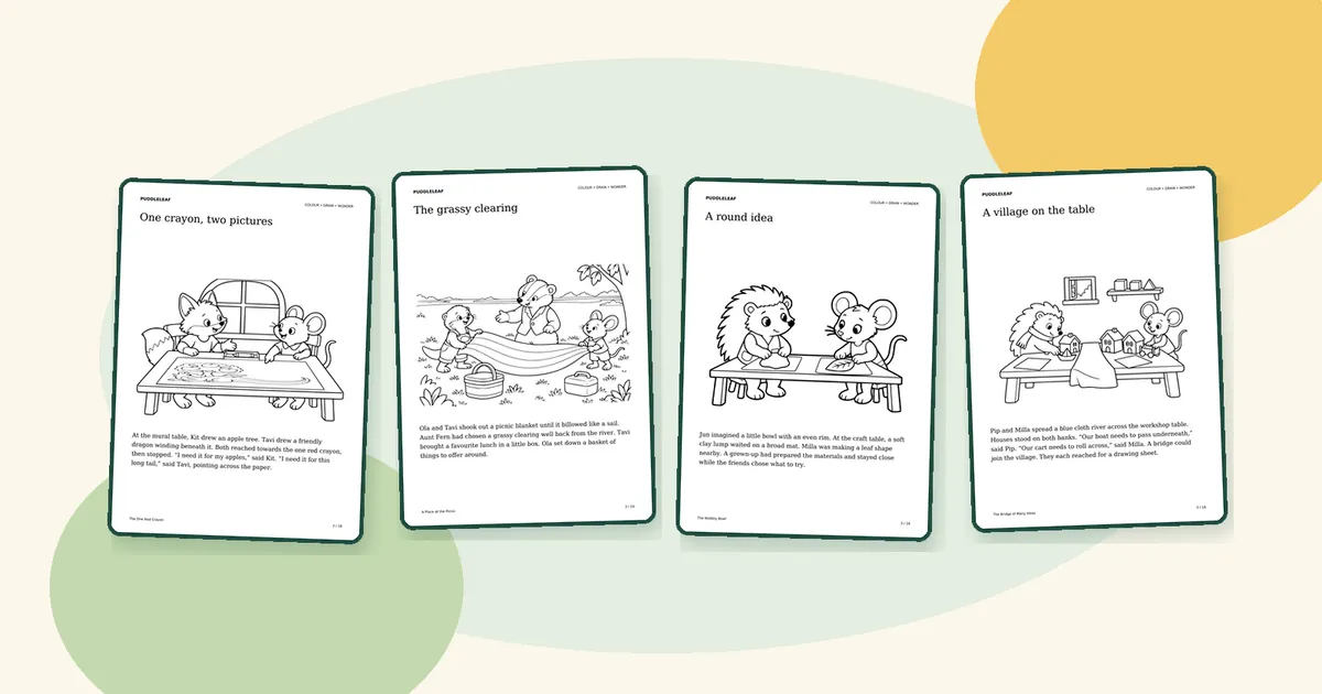 Four real story colouring pages from Puddleleaf kindness stories, including The One Red Crayon and A Place at the Picnic