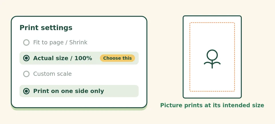 Diagram of a print dialog with Actual size / 100% selected instead of Fit to page, and Print on one side only switched on