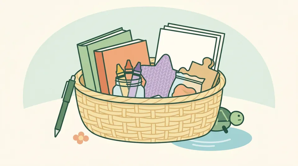 A woven basket holding picture books, blank paper, a jar of crayons, playdough, puzzle pieces and a small soft toy