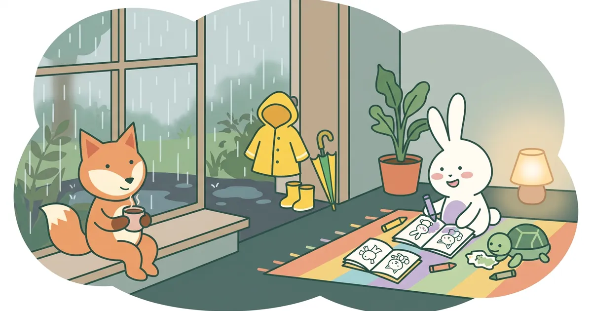 A rainy day indoors: the fox sips cocoa by a rainy window while the bunny and turtle colour pages on a rug