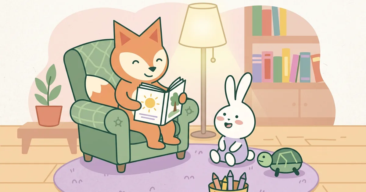 The fox reading a picture book aloud from an armchair to the bunny and turtle sitting on a rug