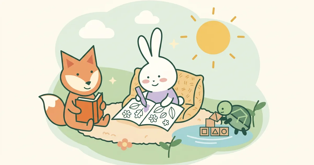 A calm screen-free corner: the bunny colours on a floor cushion, the turtle does a wooden puzzle and the fox holds a picture book