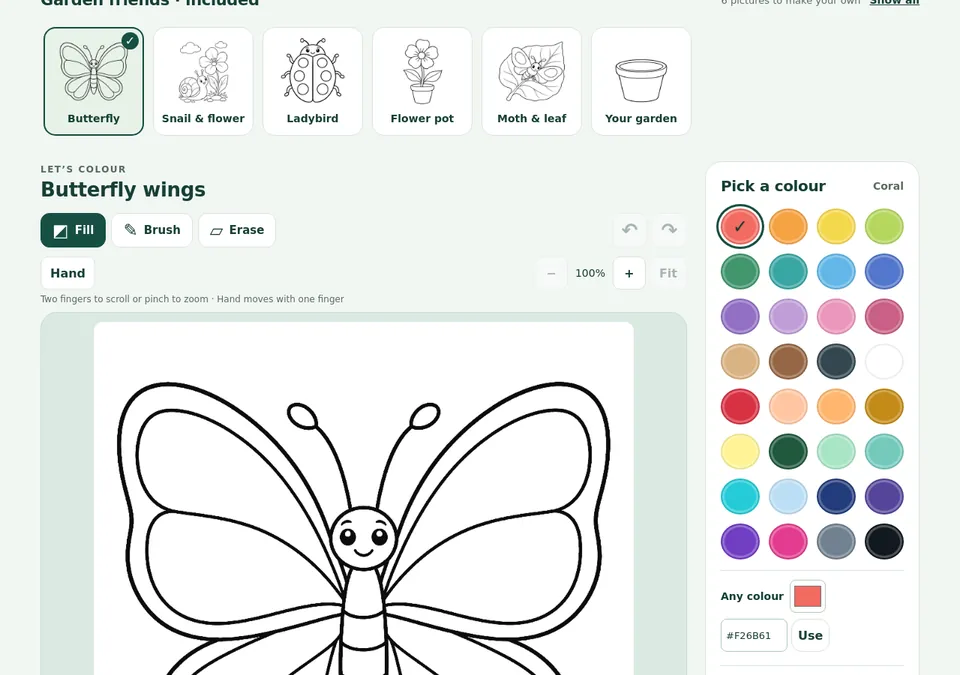 Screenshot of the free Puddleleaf Studio in a desktop browser: six garden pictures to choose from, Fill, Brush and Erase buttons, a butterfly outline and a colour palette