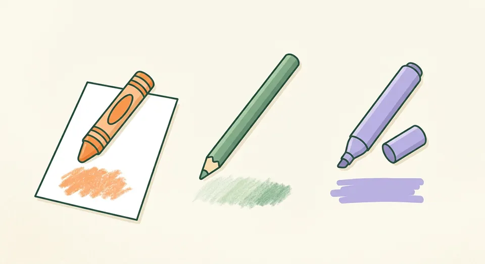 A chunky orange crayon with a waxy swatch, a green coloured pencil with a soft shaded swatch and a lavender marker with a flat, even swatch